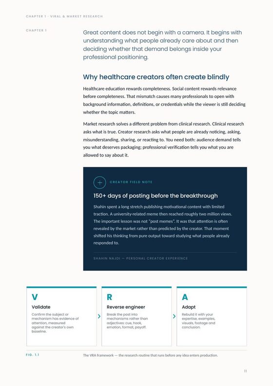 A chapter page with a dark creator field note and the VRA framework beneath.