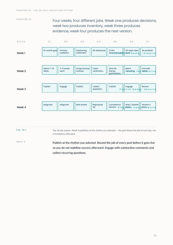 The 30-day execution system as a four-week grid.