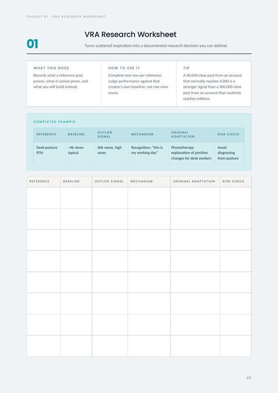 VRA research worksheet with a completed example row above a blank table.
