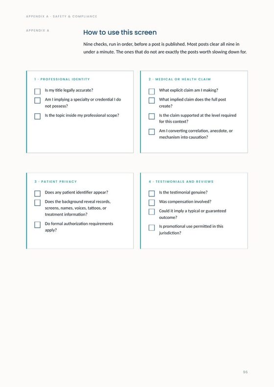 A compliance appendix page with checklists for identity, claims and privacy.